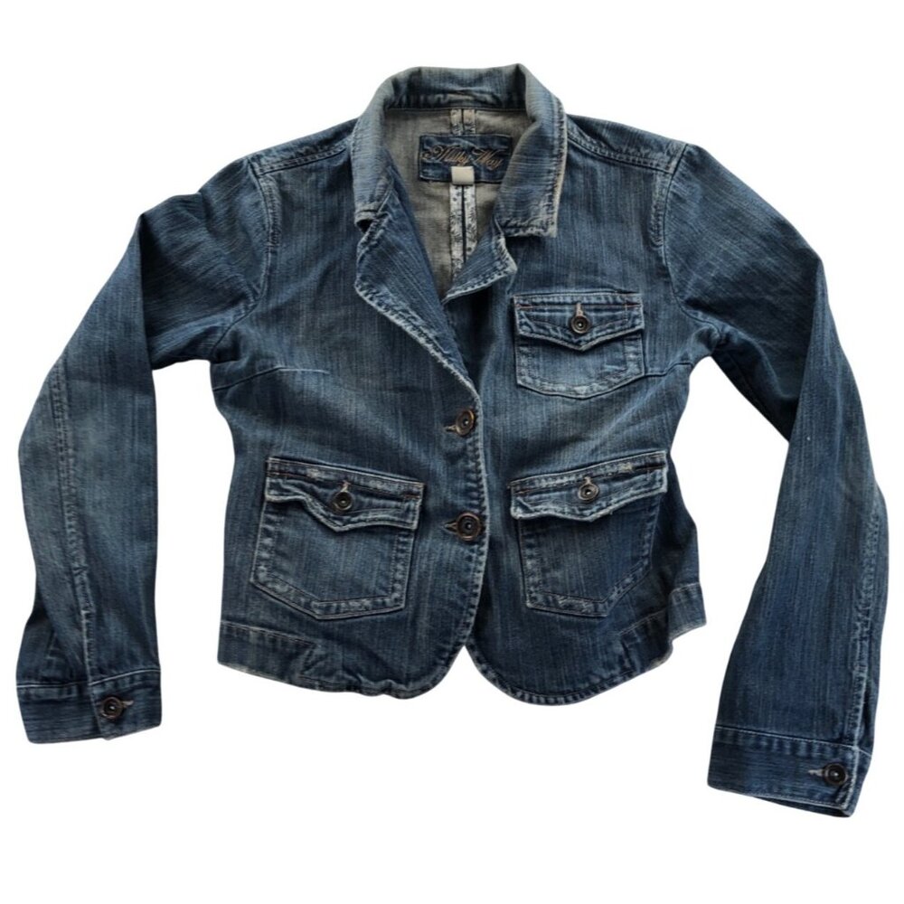 Milky Way Womens Denim Blazer Jacket Large Fitted Button Front Classic Collared